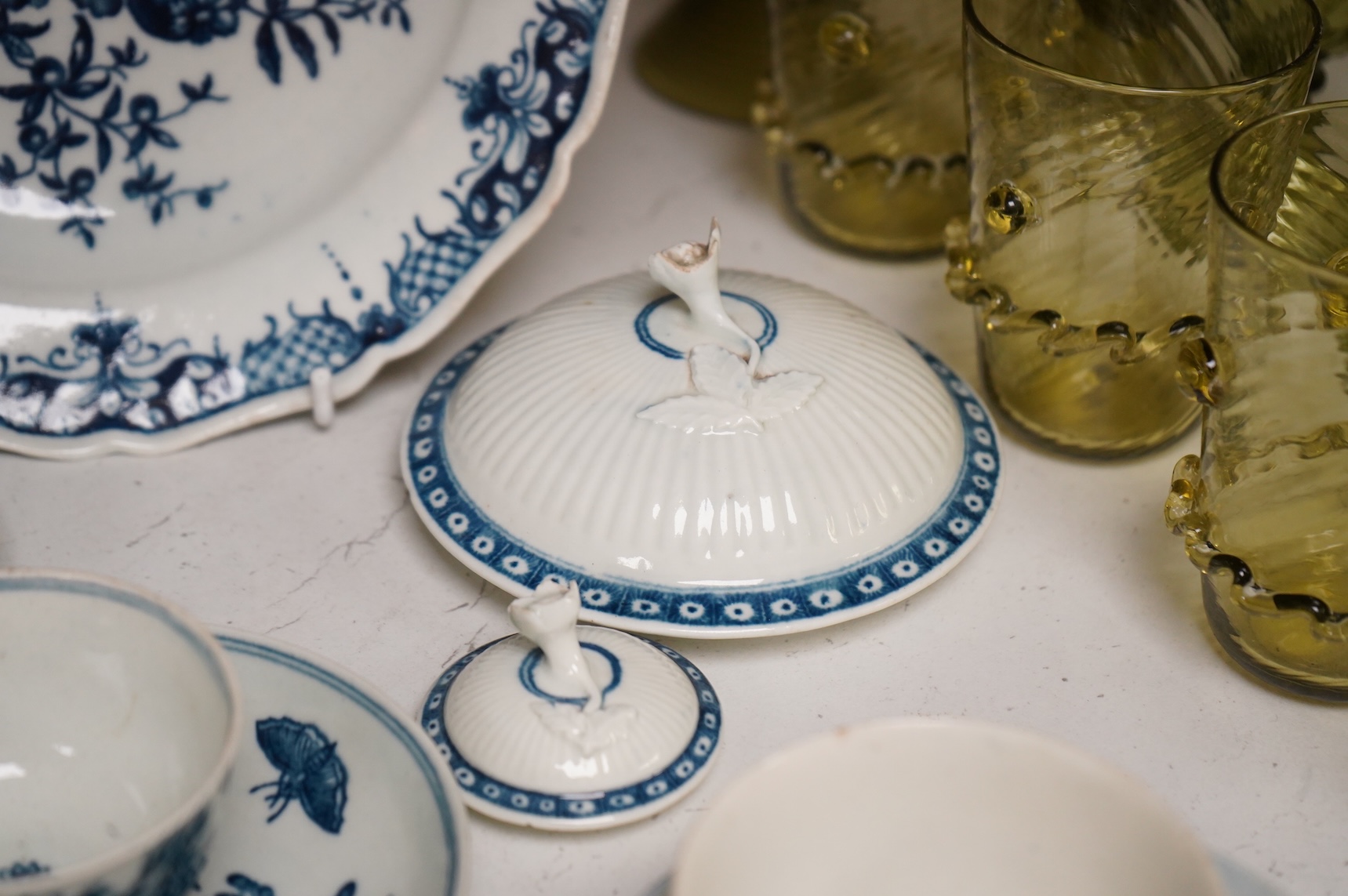 A collection of late 18th century Worcester, Caughley and Liverpool blue and white tea wares to include tea bowls and saucers, jug, suger basin and cover and two dishes etc, largest 23cm in diameter
